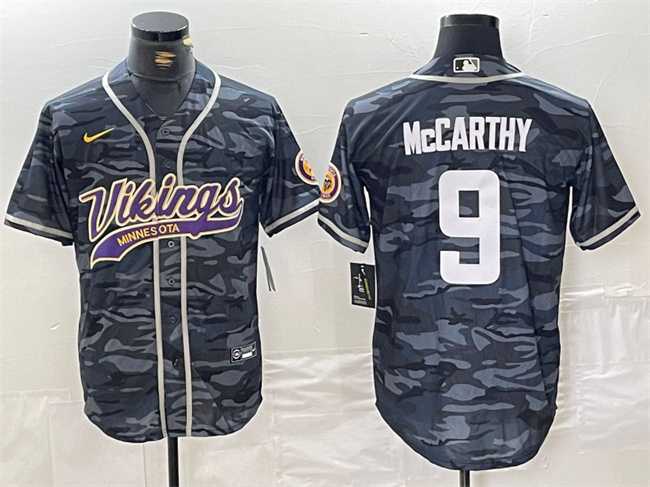 Men%27s Minnesota Vikings #9 J.J. McCarthy Gray Camo Cool Base Stitched Baseball Jersey